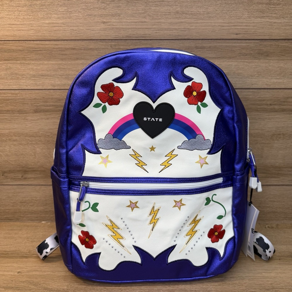 NWT STATE Bags Kane Kids Double Pocket Backpack Metallic Cowgirl Purple